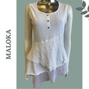 🛍️3/$40 Maloka White Sleeveless Tunic Knit Top Mixed Fabric Size 2